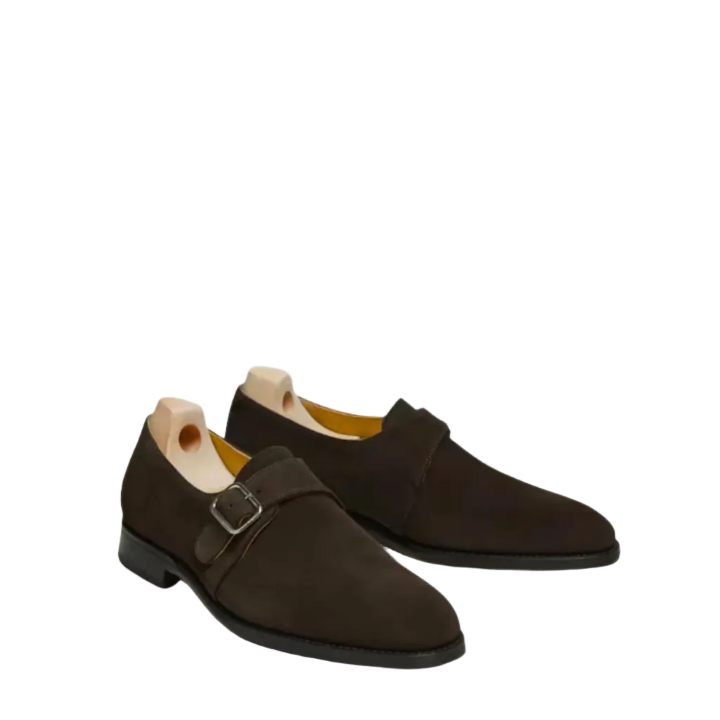 Handmade Men's Dark Brown Suede Monk Strap Shoes – Single Buckle Dress Loafers