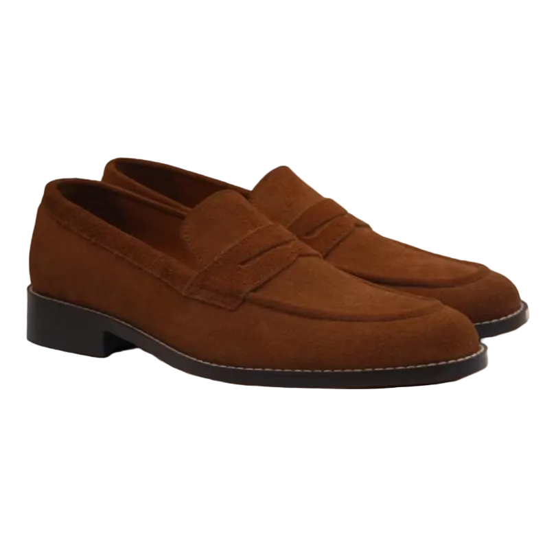 Men's Brown Suede Penny Loafers: Handmade Italian Style Dress Shoes