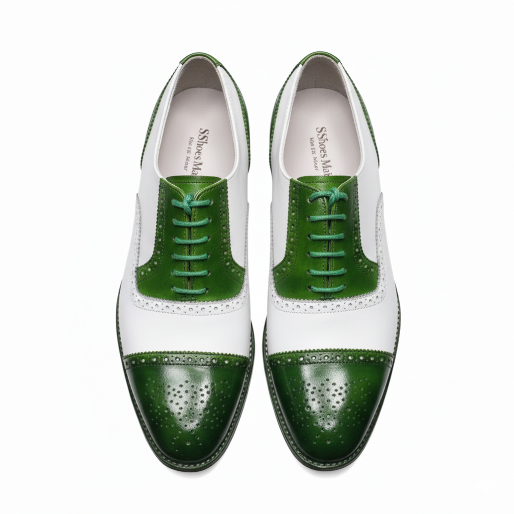 Two-Tone Green & White Leather Oxford Brogues: Handmade Wingtip Shoes