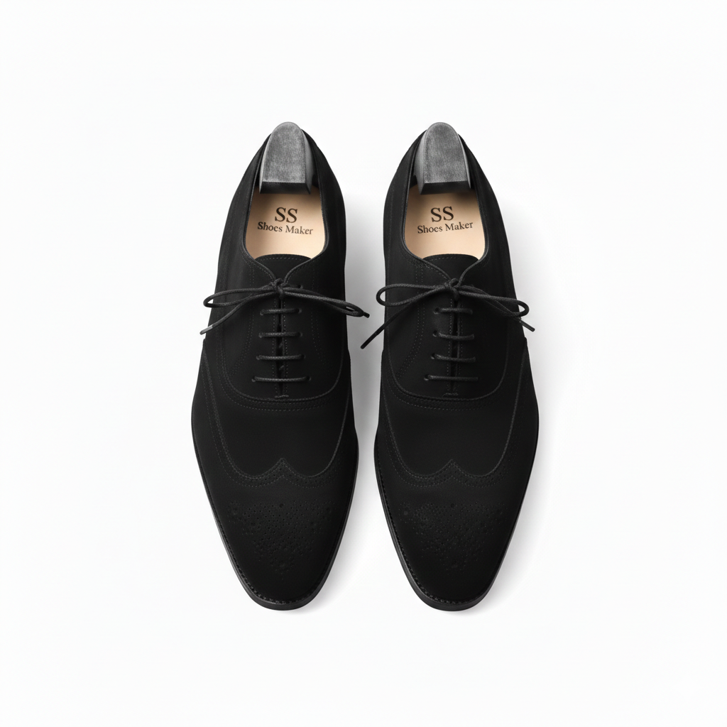 Handmade Black Suede Wingtip Oxford Shoes: Luxury Leather Brogues