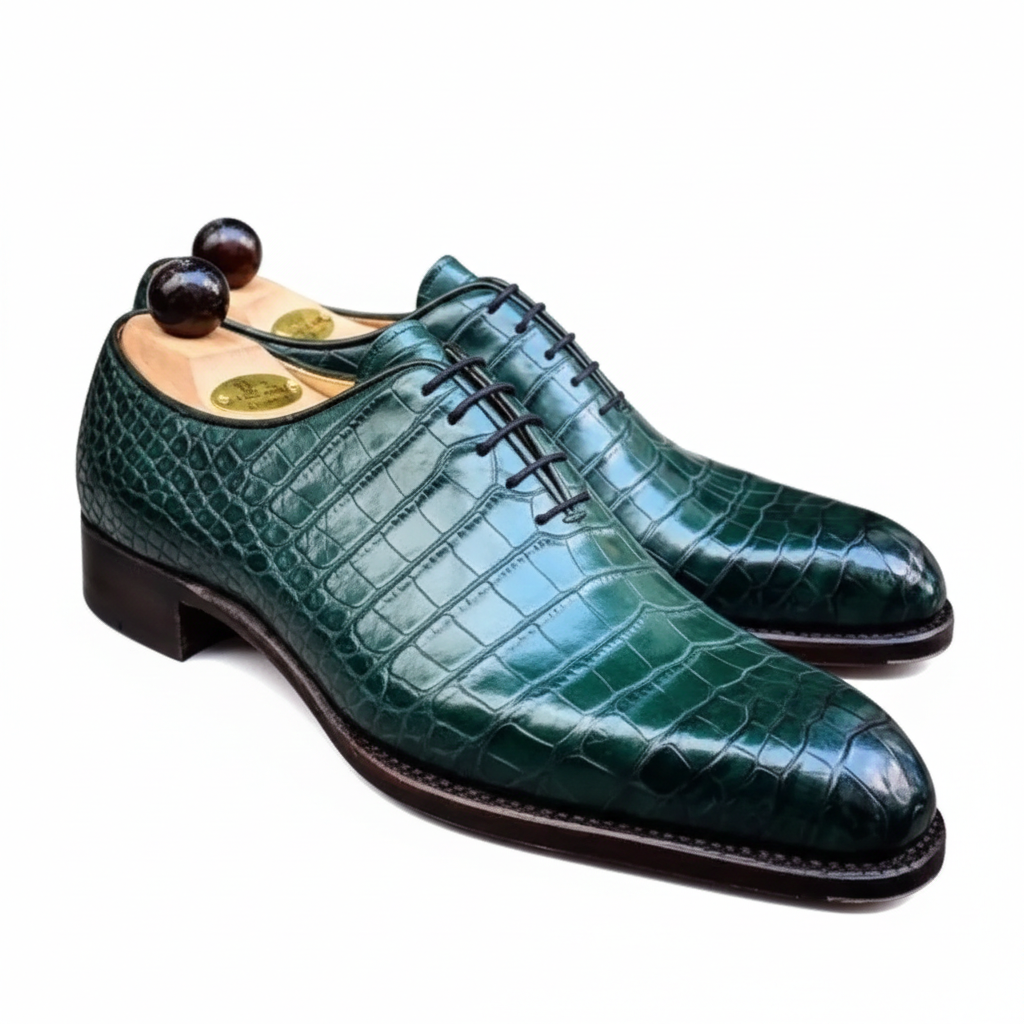 Handmade Crocodile Leather Oxford Shoes: Emerald Green Exotic Dress Shoes