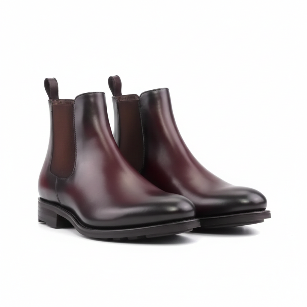 Handmade Burgundy & Black Leather Chelsea Boots - Men's Two-Tone Ankle Boots