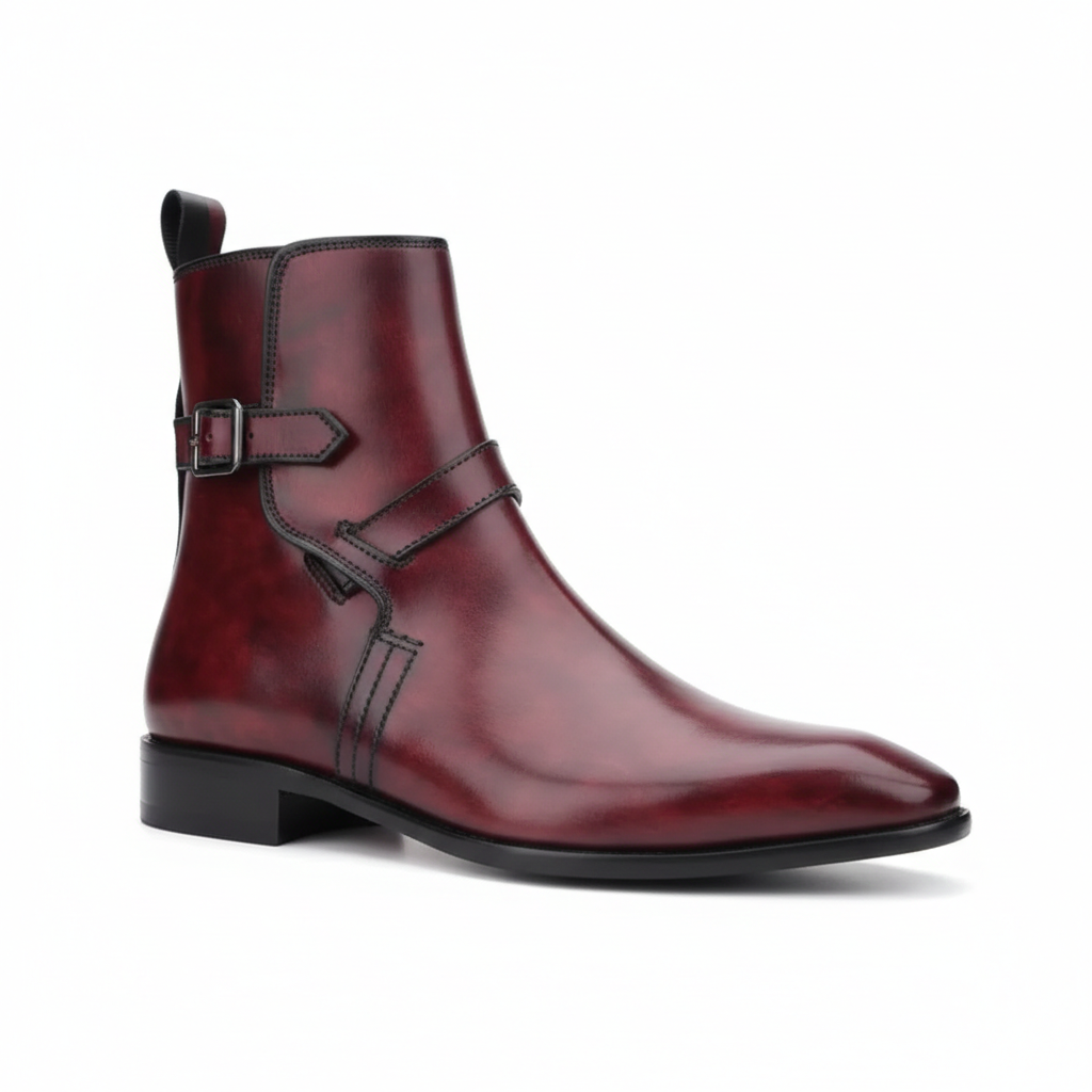 Handmade Burgundy Leather Ankle Boots: Pointed Toe Men's Dress Boots