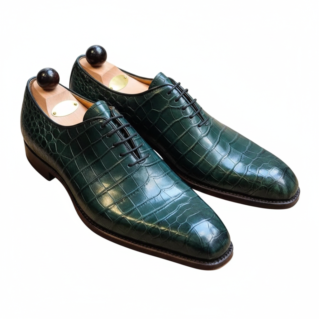 Handmade Crocodile Leather Oxford Shoes: Emerald Green Exotic Dress Shoes