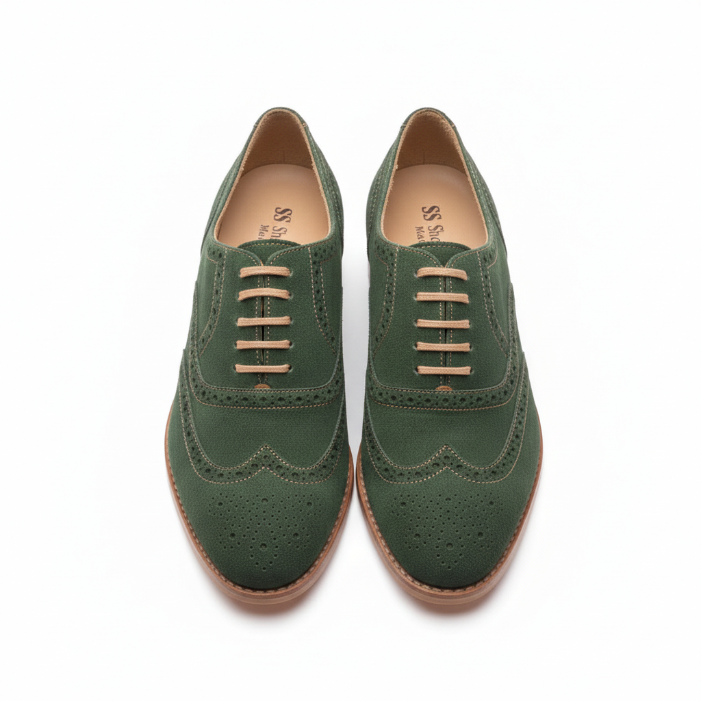 Handcrafted Green Suede Oxford Shoes: Wingtip Brogues, Natural Leather Sole