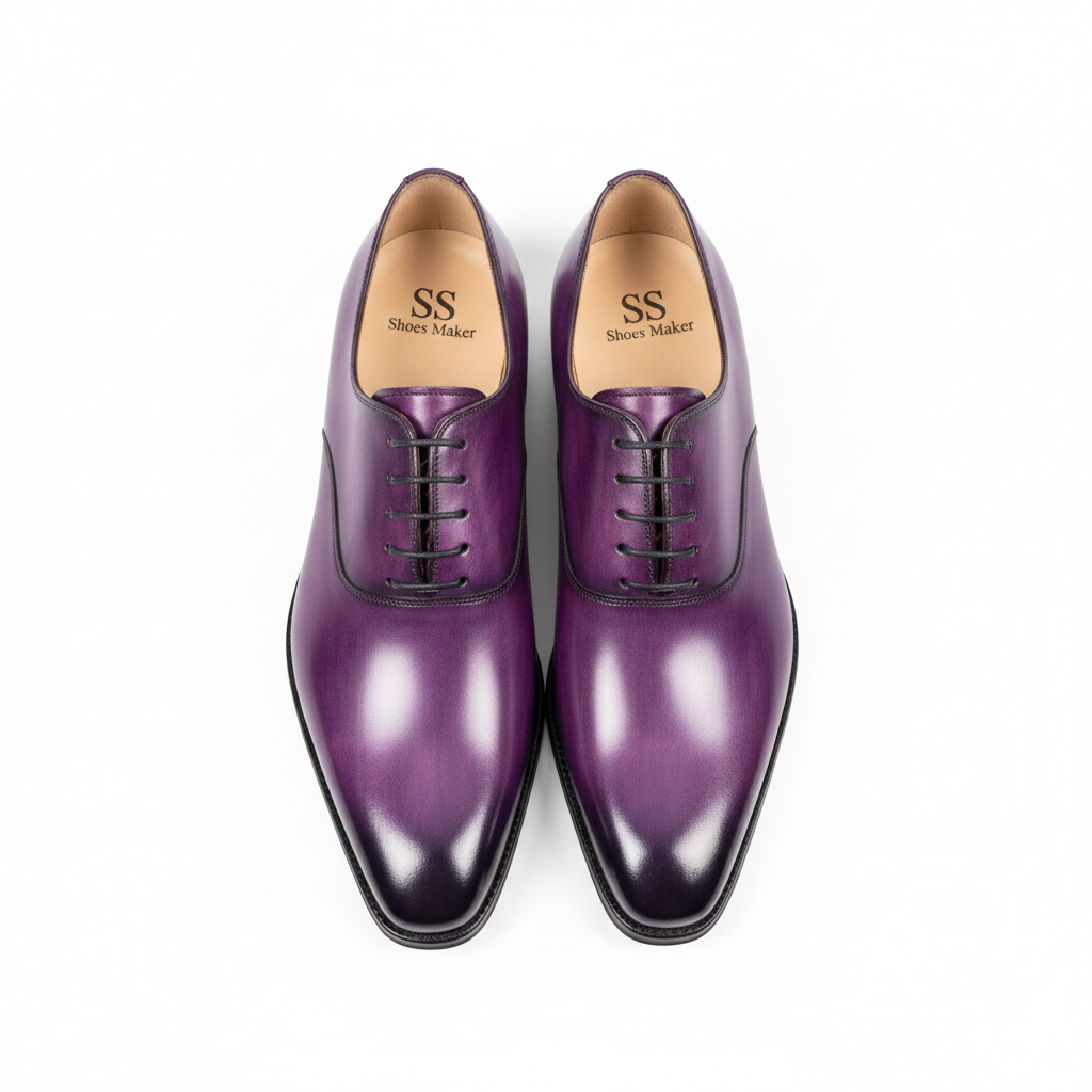 Handmade Purple Patina Oxford Dress Shoes: Luxury Leather Wedding Shoes