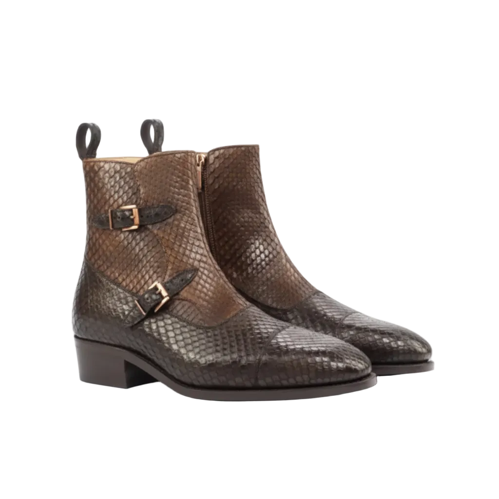 Handmade Python Print Leather Monk Strap Boots - SS Shoemaker