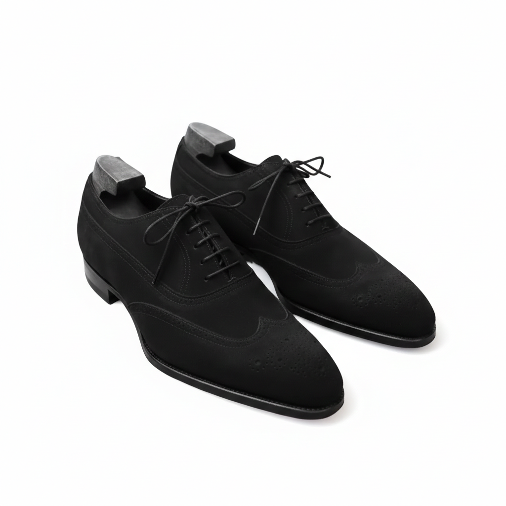Handmade Black Suede Wingtip Oxford Shoes: Luxury Leather Brogues
