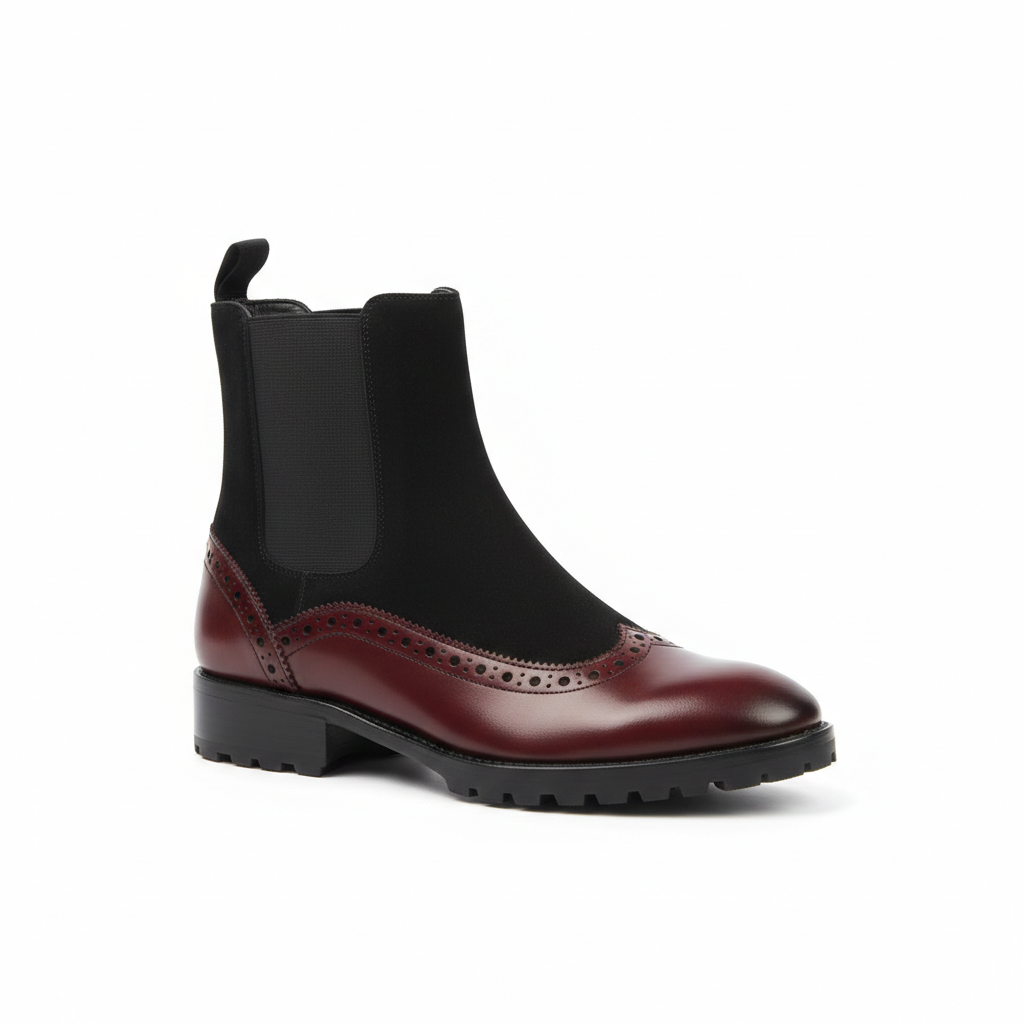 Handmade Two-Tone Leather Chelsea Boots: Brogue Suede Ankle Boots