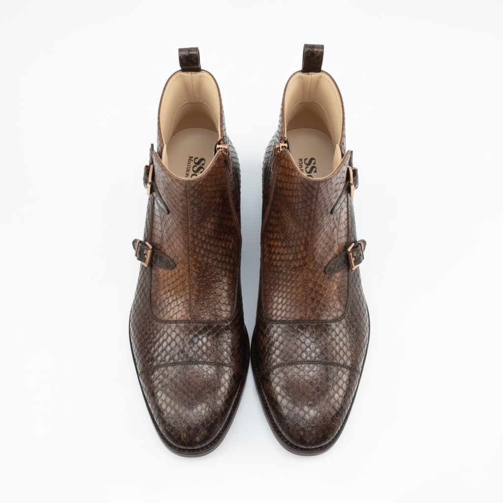 Handmade Python Print Leather Monk Strap Boots - SS Shoemaker