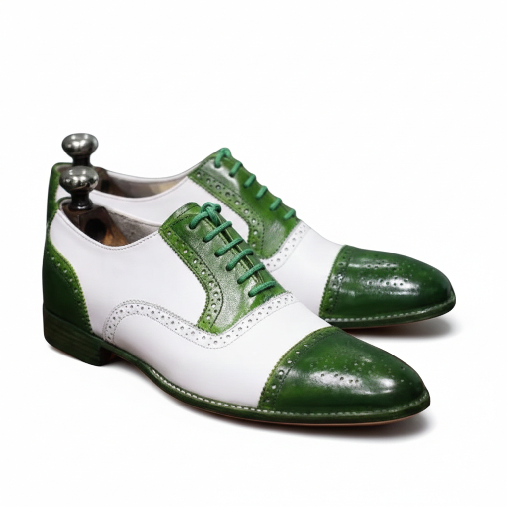 Two-Tone Green & White Leather Oxford Brogues: Handmade Wingtip Shoes