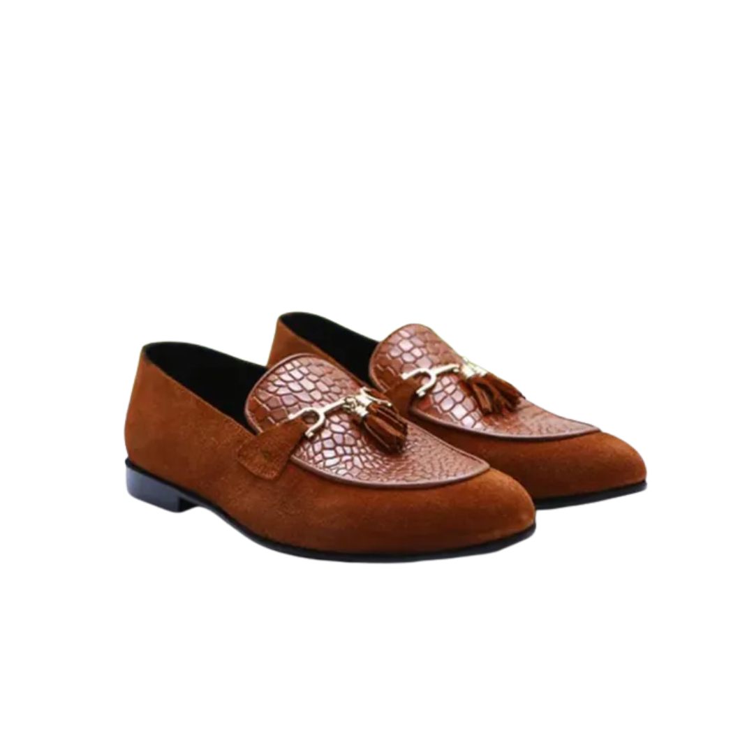 Handmade Brown Suede Leather Loafers: Crocodile Pattern Tassel Dress Shoes