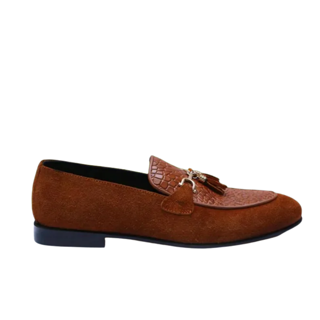 Handmade Brown Suede Leather Loafers: Crocodile Pattern Tassel Dress Shoes