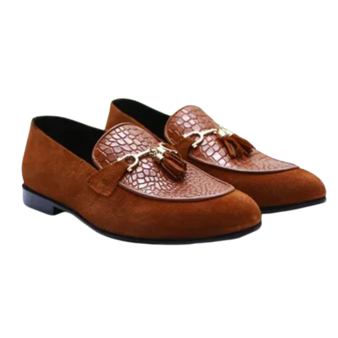 Handmade Brown Suede Leather Loafers: Crocodile Pattern Tassel Dress Shoes