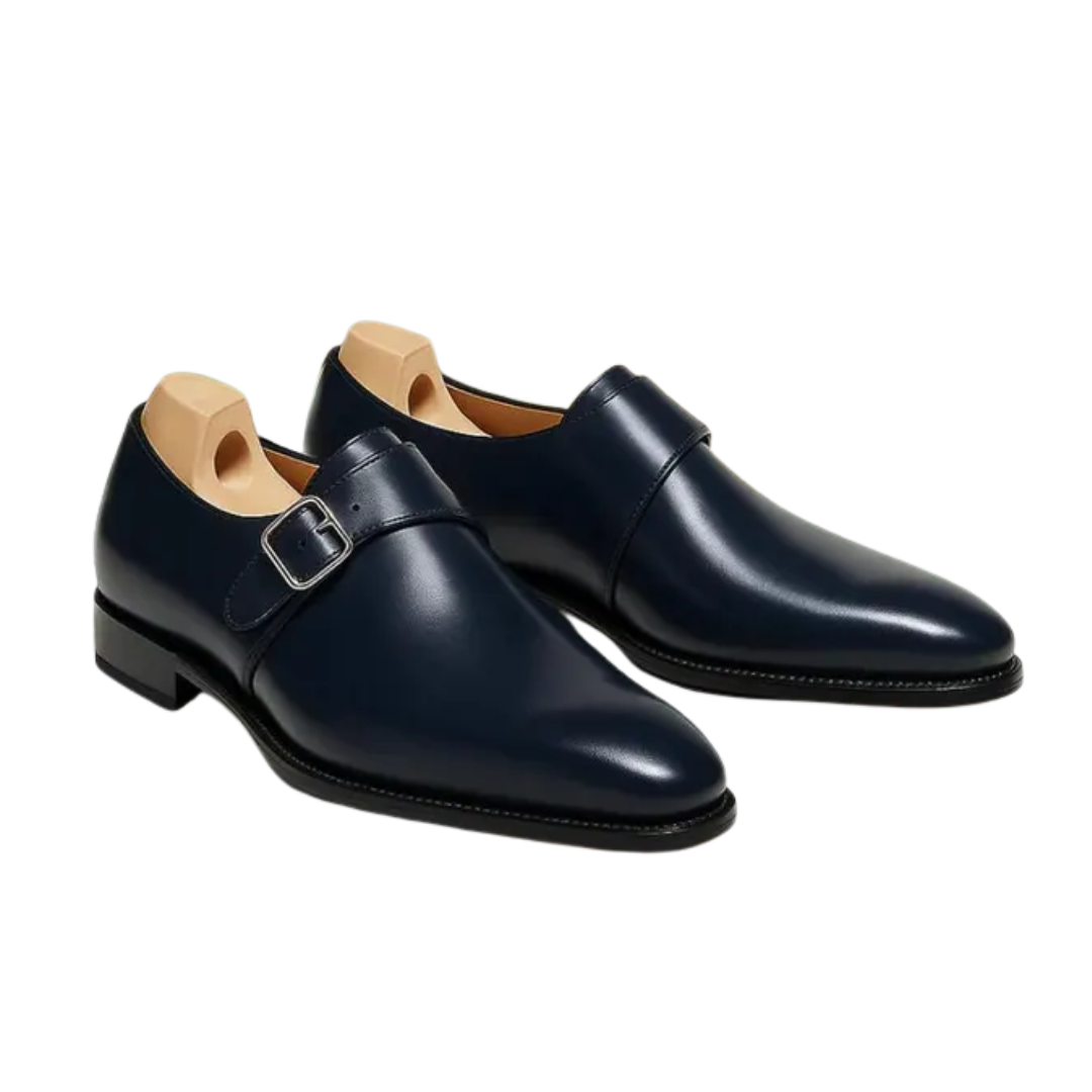 Handcrafted Navy Blue Leather Monk Strap Shoes: Classic Buckle Dress Shoes