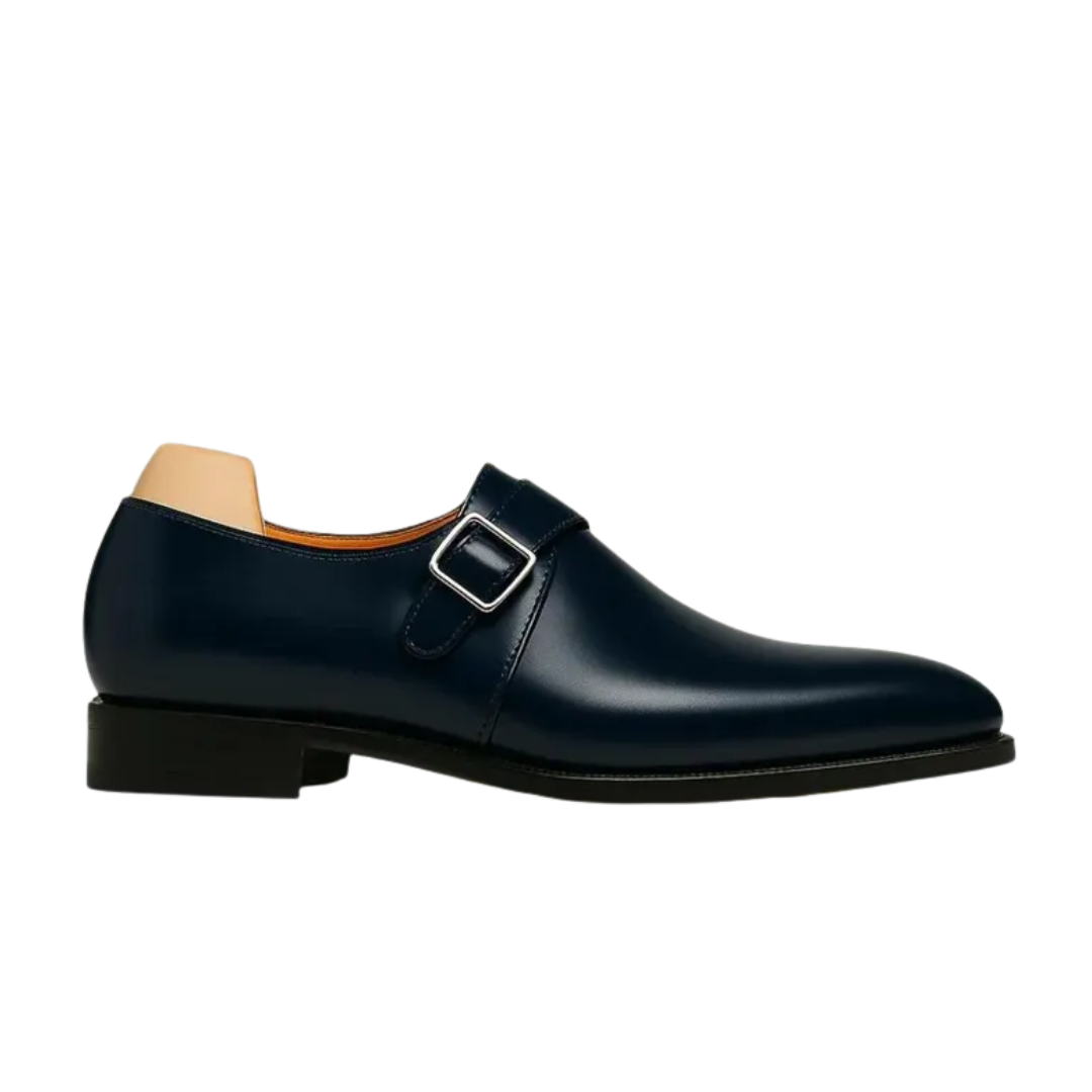 Handcrafted Navy Blue Leather Monk Strap Shoes: Classic Buckle Dress Shoes