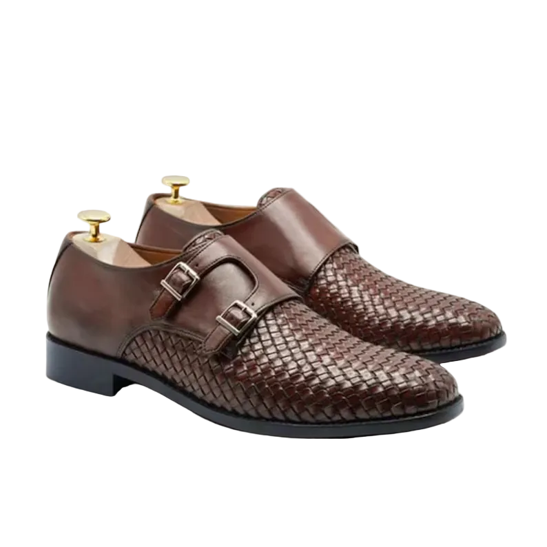 Handmade Woven Leather Double Monk Strap Shoes: Italian Style