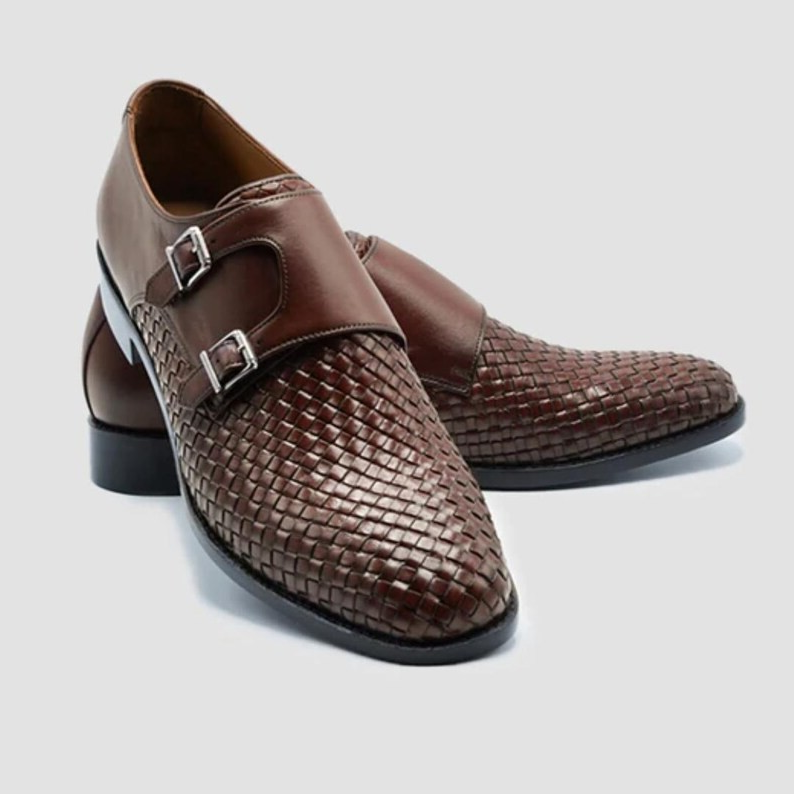 Handmade Woven Leather Double Monk Strap Shoes: Italian Style