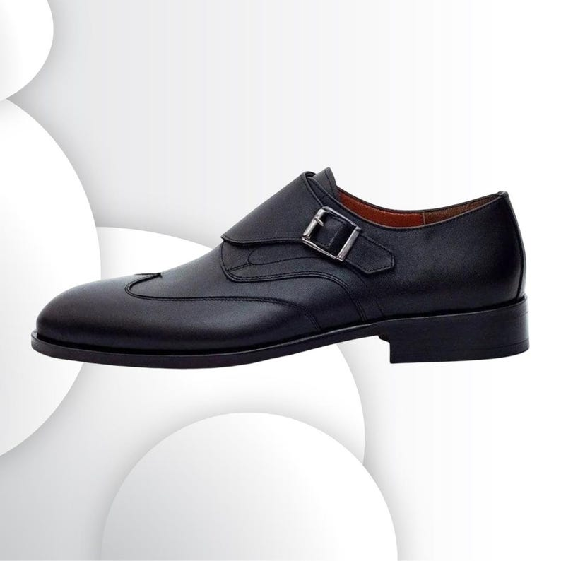 Handmade Black Leather Monk Strap Shoes: Elegant Buckle Dress Shoes