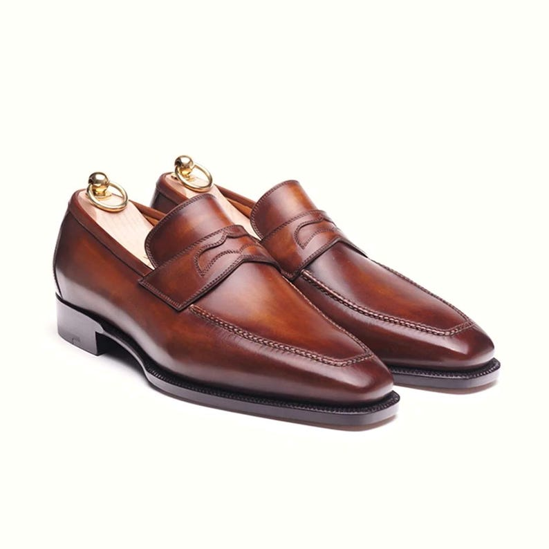 Handmade Brown Leather Penny Loafers: Classic Men's Slip-On Dress Shoes