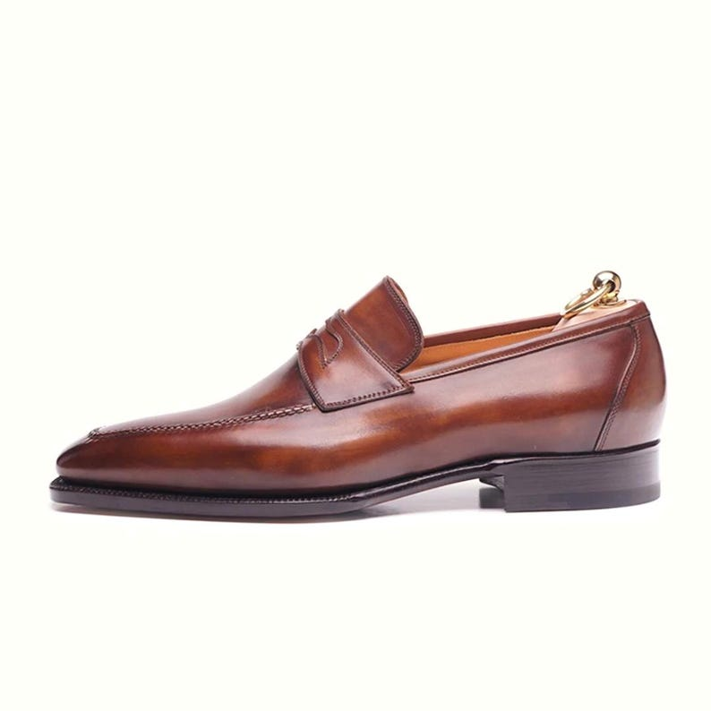 Handmade Brown Leather Penny Loafers: Classic Men's Slip-On Dress Shoes
