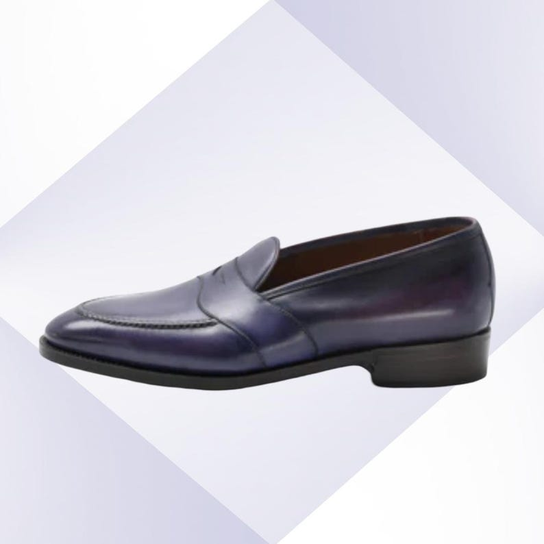 Handmade Navy Blue Penny Loafers: Full-Grain Leather Slip-On Dress Shoes