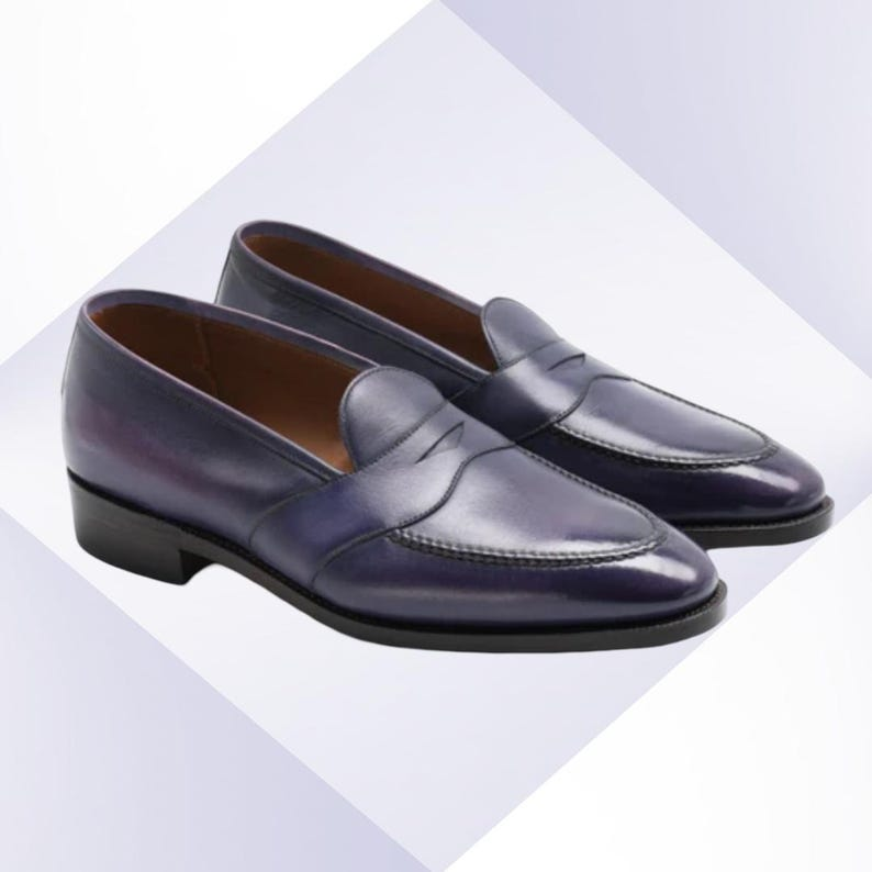 Handmade Navy Blue Penny Loafers: Full-Grain Leather Slip-On Dress Shoes