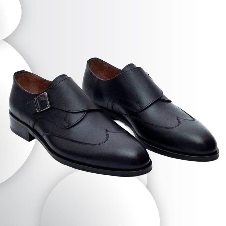 Handmade Black Leather Monk Strap Shoes: Elegant Buckle Dress Shoes