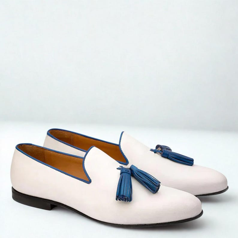 Handmade White Leather Tassel Loafers: Navy Blue Accent Wedding Shoes