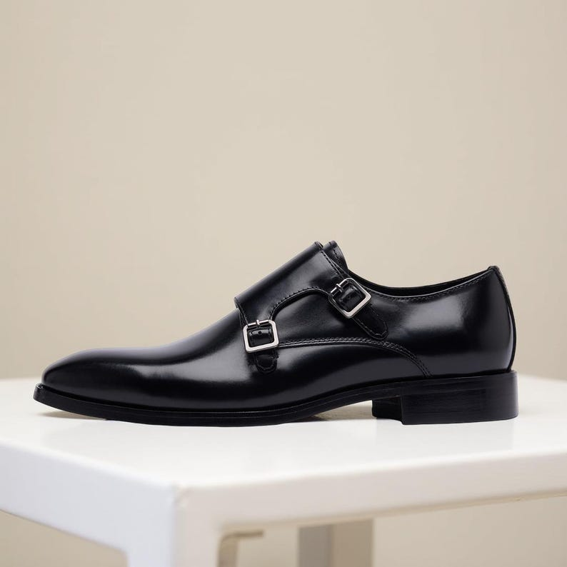 Black Monk Strap Loafers: Synthetic Leather Formal Business Shoes