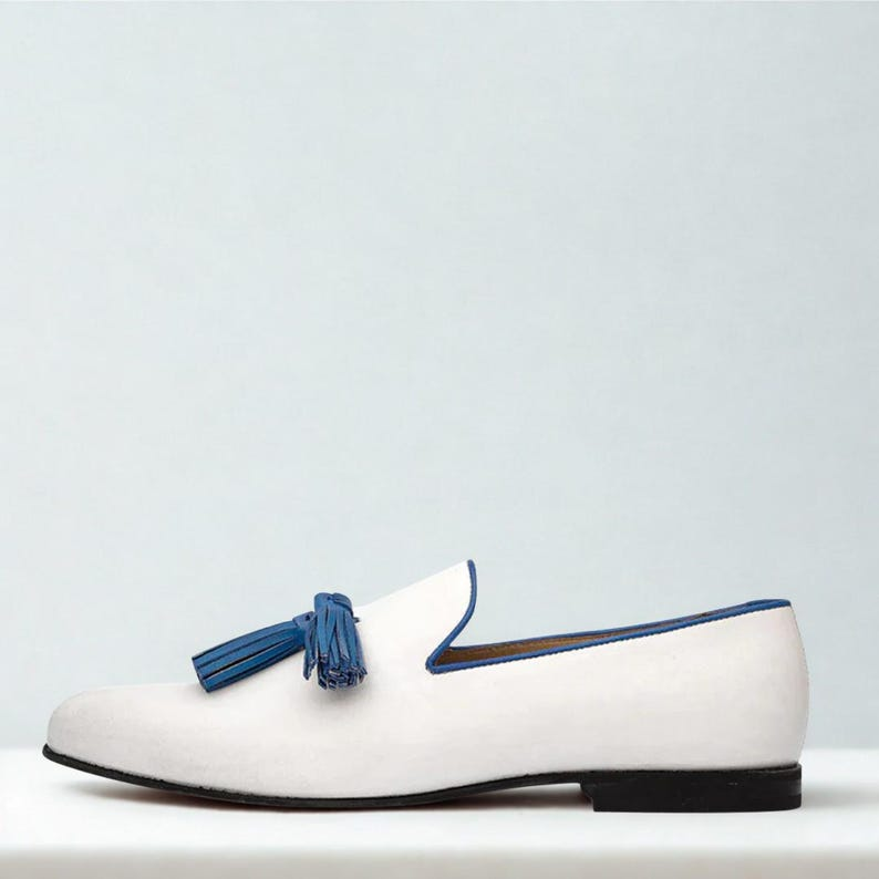 Handmade White Leather Tassel Loafers: Navy Blue Accent Wedding Shoes