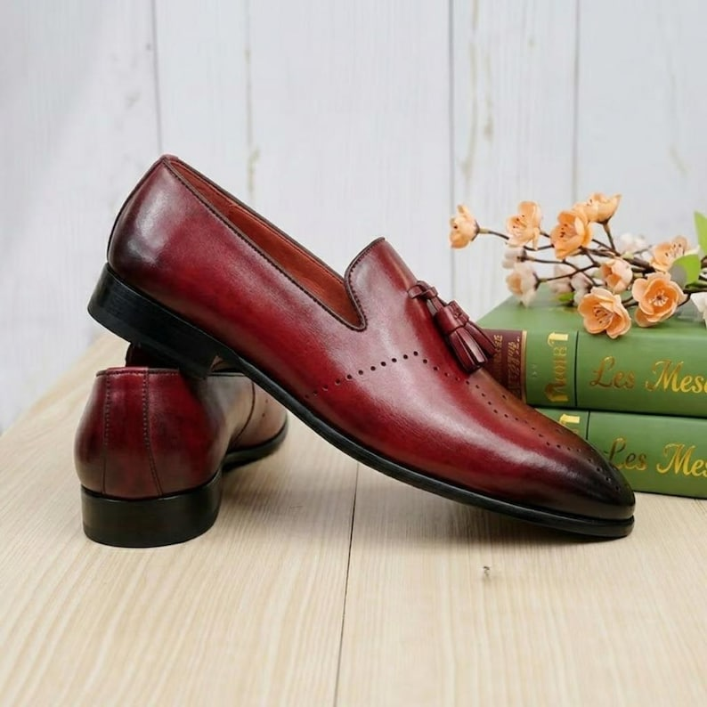 Handmade Burgundy Leather Tassel Loafers – Men's Brogue Dress Shoes