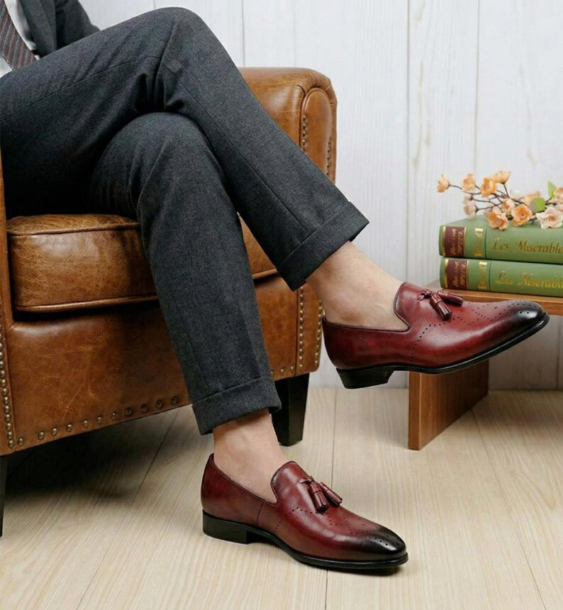 Handmade Burgundy Leather Tassel Loafers – Men's Brogue Dress Shoes