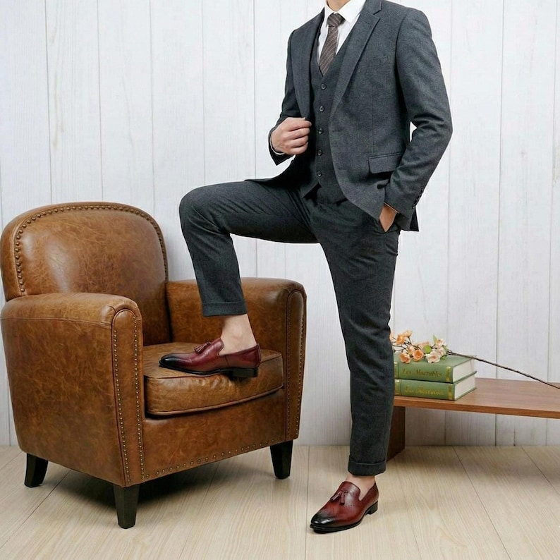 Handmade Burgundy Leather Tassel Loafers – Men's Brogue Dress Shoes