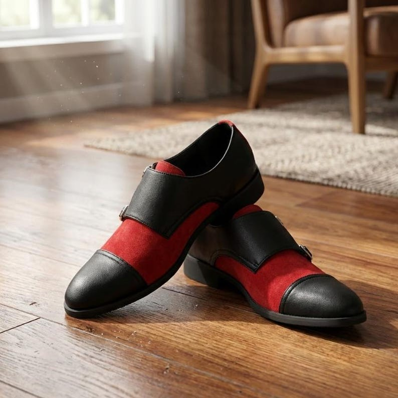 Men's Black Red Leather Monk Strap Cap Toe Shoes – Two Tone Formal Dress Footwear