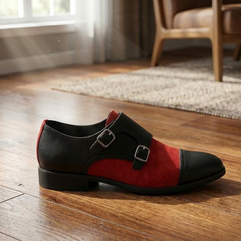 Men's Black Red Leather Monk Strap Cap Toe Shoes – Two Tone Formal Dress Footwear