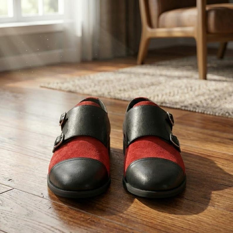 Men's Black Red Leather Monk Strap Cap Toe Shoes – Two Tone Formal Dress Footwear