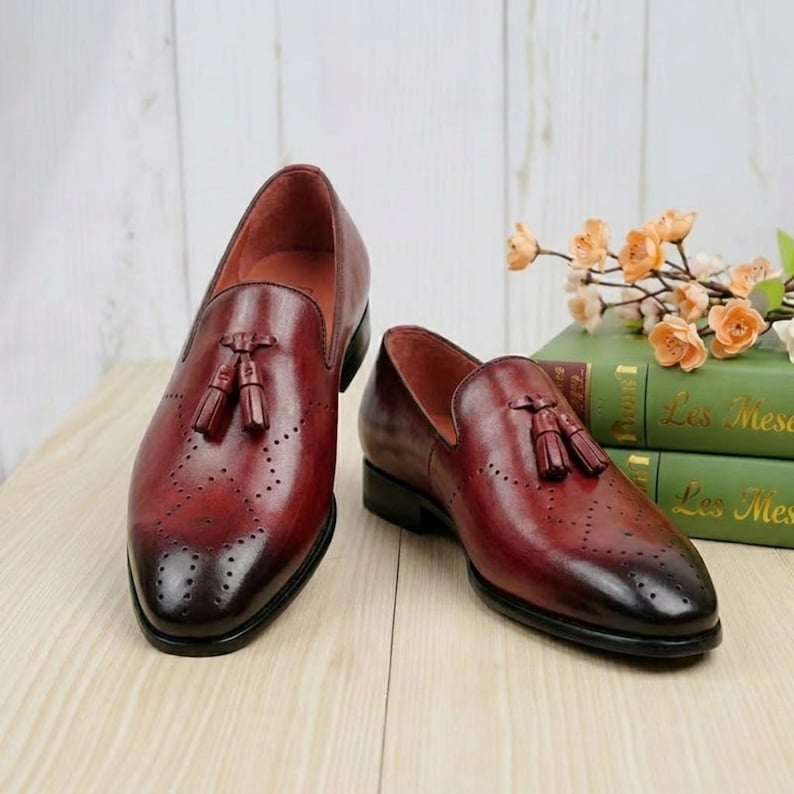 Handmade Burgundy Leather Tassel Loafers – Men's Brogue Dress Shoes