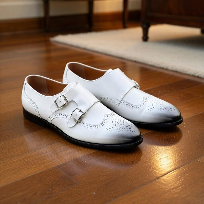 Handmade White Leather Double Monk Strap Shoes – Men’s Brogue Wedding Footwear