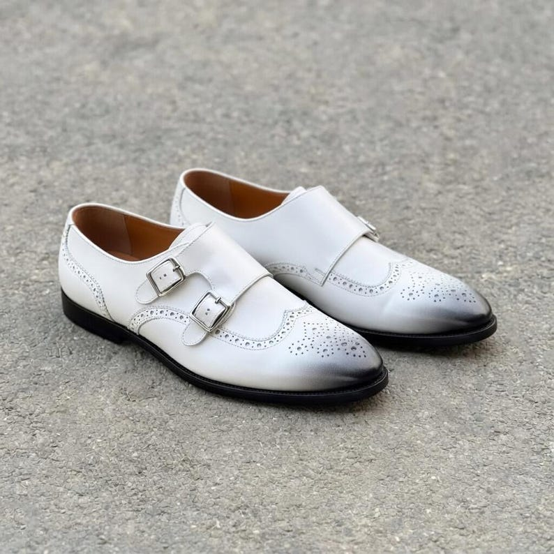 Handmade White Leather Double Monk Strap Shoes – Men’s Brogue Wedding Footwear