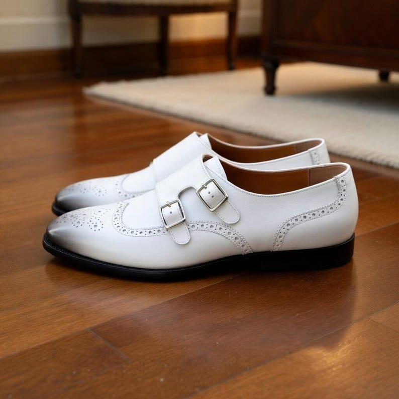 Handmade White Leather Double Monk Strap Shoes – Men’s Brogue Wedding Footwear