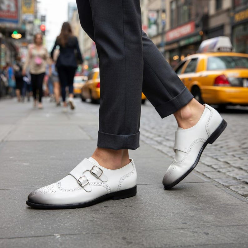 Handmade White Leather Double Monk Strap Shoes – Men’s Brogue Wedding Footwear