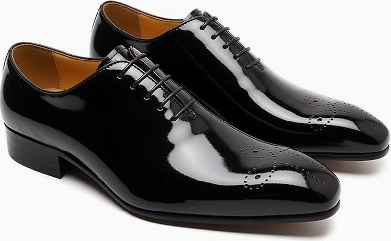 Handmade Black Patent Leather Oxford Shoes, Men's Formal Brogue Dress Shoes