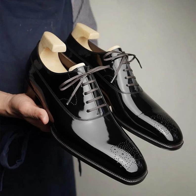 Handcrafted Black Patent Leather Brogue Oxford Shoes | Formal Dress Wedding Prom