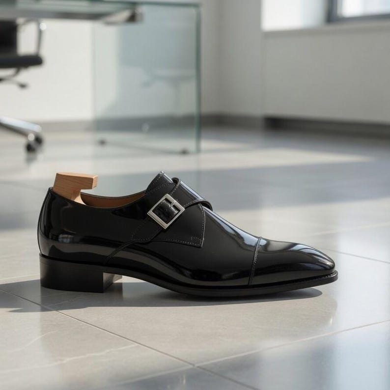 Black Patent Leather Monk Strap Shoes Men - Single Buckle Formal Dress Shoes Pointed Toe