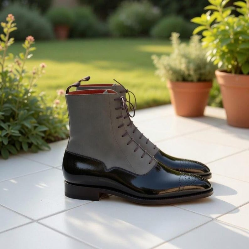 Handmade Two-Tone Leather Suede Dress Boots | Grey Black Cap Toe Lace-Up Victorian Footwear