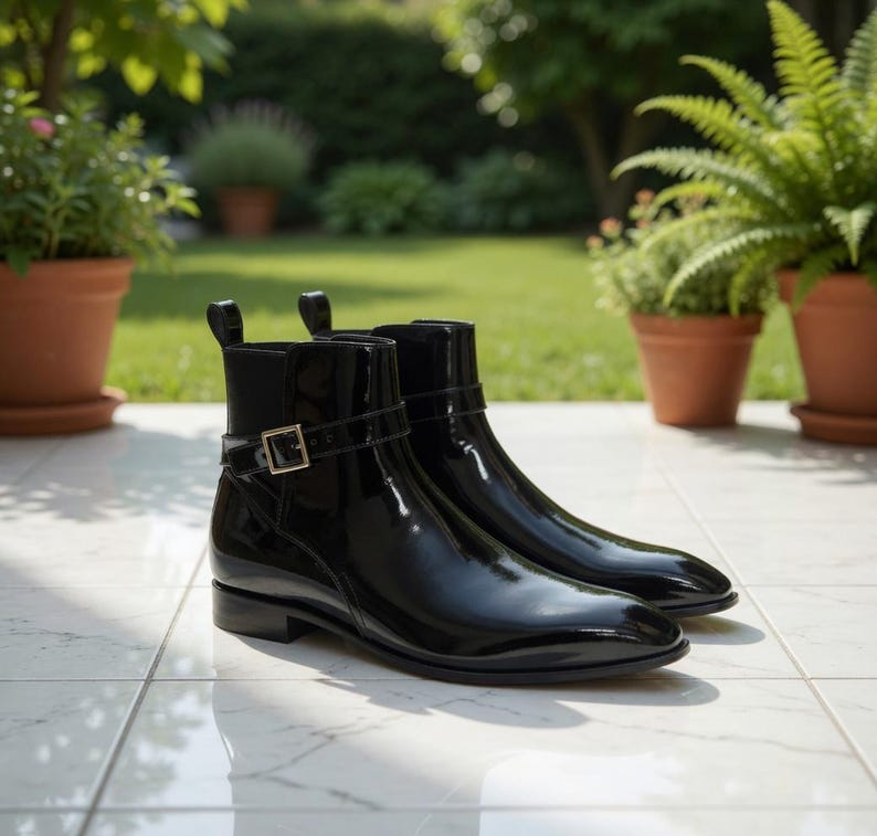 Black Leather Ankle Boots with Buckle Strap – Patent Handmade Women's Footwear