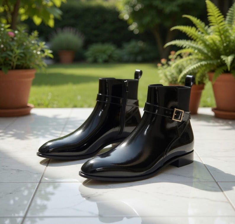 Black Leather Ankle Boots with Buckle Strap – Patent Handmade Women's Footwear