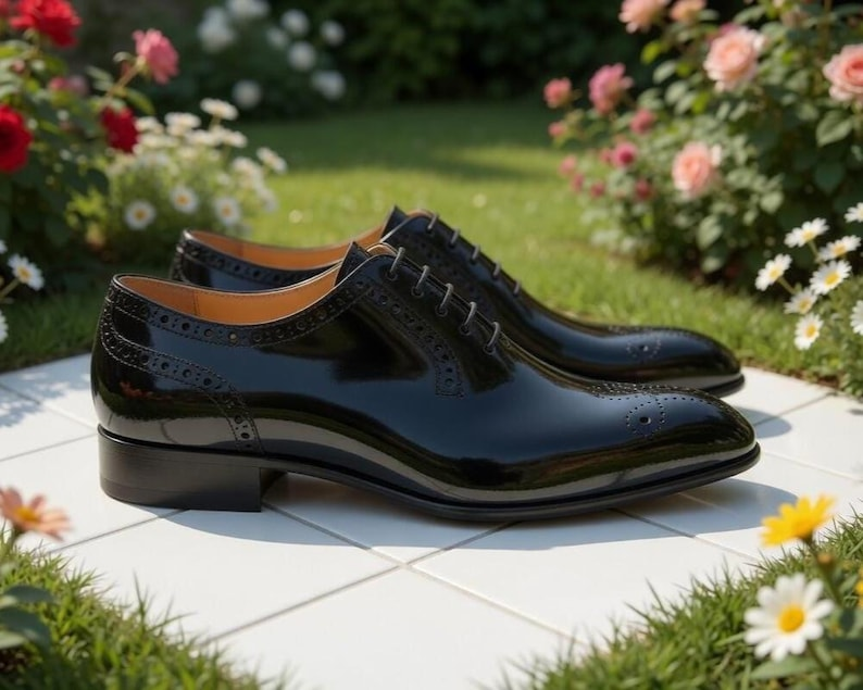Handmade Black Patent Leather Oxford Shoes, Men's Formal Brogue Dress Shoes