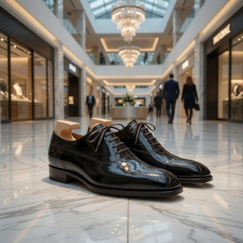 Handcrafted Black Patent Leather Brogue Oxford Shoes | Formal Dress Wedding Prom